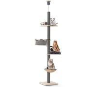PETSITE Floor to Ceiling Cat Tree with 93”-107” Adjustable Height, 5-Tier Wooden Cat Climbing Pole with Scratching Post, Cozy Hammock and Basket Bed, Floor to Ceiling Cat Tower