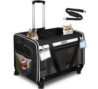 Petskd Double Cat Carrier with Wheels for Large Cat or Medium Dog, 24"x 17"x 15" Rolling Pet Carrier for Two Small Pets, Removable Wheels Dog Carrier with 2 Compartment for Vet (Black)