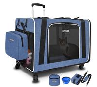 Petskd Extra Large Cat Carrier with Wheels and Litter Box 24"x17"x17" for Large Cat or 2 Small Cats, Collapsible Soft Sided Pet Carrier for Car Travel with Lockable Safety Zippers(Blue)