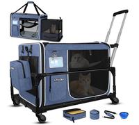 Petskd Side Expandable Extra Large Cat Carrier with Rolling Wheels(Blue)