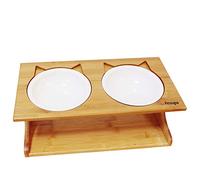 Petsoigné Cat Bowls Pet Dining Table with Raised Slope Wooden Stand Elevated Pet Bowls with Oblique Stand for More Comfortable Eating for Cats, Dogs, Kitten and Puppy (2 Bowls, Ceramics)