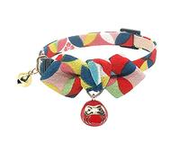 PetSoKoo Diamond Shaped Bowtie Cat Collar With Bell.Japan Lucky Daruma Charm and Cloisonne Print Crepe Fabric.Safety Breakaway.Soft,Lightweight,(Medium,Red)