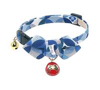 PetSoKoo Diamond Shaped Bowtie Cat Collar With Bell.Japan Lucky Daruma Charm and Cloisonne Print Crepe Fabric.Safety Breakaway.Soft,Lightweight,(Medium,Blue)
