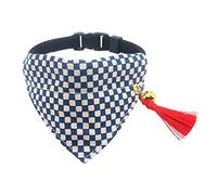 PetSoKoo Japan Tassel Bandana Cat Collar with Bell.Stylish Plaid Pattern.100% Cotton. For Cute Girl Breakaway Cat Collar. Soft,Blue
