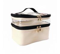 PETSOLA Double Layer Makeup Bag Waterproof Double Layer Cosmetic Case Large Capacity Two-Tier Travel Toiletry Pouch for Jet-Setters, Women, Home Storage, Beige, Beige