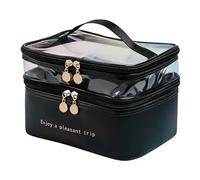 PETSOLA Double Layer Makeup Bag Waterproof Double Layer Cosmetic Case Large Capacity Two-Tier Travel Toiletry Pouch for Jet-Setters, Women, Home Storage, Black, Black