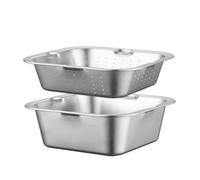 PETSOLA Square Stainless Steel Basin Rust-Resistant Mixing Bowl Sturdy Rice Washer Strainer Bowl for Home Cooks, Deep Solid Basin + Shallow Drain Basin