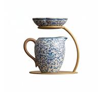 PETSOLA Tea Pitcher with Strainer and Stand High Temperature Fired Traditional Tea Pitcher Set Pure for Home, Office, Beige, Twining Lotus Cup