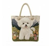 PETSOLA Tote Bag with Rope Handles Large Quilted Tote Bag Stylish Bags for Beach, White Puppy In Green Field, 14 Inches × 14 Inches × 5.5 Inches