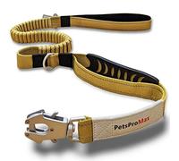 PetsProMax Tactical Dog Leash - Heavy-Duty Bungee Leash with Car Seat Belt Metal Clip & Advanced Easy-to-Use Frog Buckle, 360° Rotatable Hook, 5-7 Feet Stretchable (Brown, Chrome Buckle)
