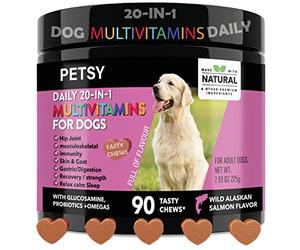 PETSY™ Dog Vitamins & Supplements 20-in-1 Essential Multivitamins, B2,B3,B6,B7,B12, Vit C, Folic Acid, Biotin, Glucosamine, Chondroitin, Wild Alaskan Salmon oil, Hemp Seed oil, Probiotics Blend Treats