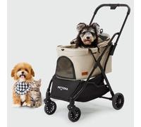 PETTENA Foldable Pet Stroller,4 Wheels Pet Strolling Cart for Small Dogs Cats up to 44 Lbs, Pet Travel Carrier Strolling Cart with Storage Basket, Portable Dog Cat Stroller with Breathable Mesh, Khaki