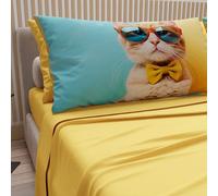 PETTI Artigiani Italiani - Bed Linen Animals with Cats in Cotton with Pillowcases in Digital Print, Pizza and Half Sheet, Yellow Double Bed Set, 100% Made in Italy