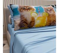 PETTI Artigiani Italiani - Bed Linen Animals with Cats in Cotton with Pillowcases in Digital Print, Pizza and Half Sheet, Complete Bed Set for Double and Half Light Blue, 100% Made in Italy