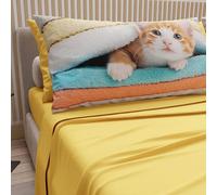 PETTI Artigiani Italiani - Bed Linen Animals with Cats in Cotton with Pillowcases in Digital Print, Pizza and Half Sheet, Yellow Double Bed Set, 100% Made in Italy