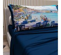 PETTI Artigiani Italiani - Cotton Sheets with Pillowcases in Digital Print, Double Sheet, Greece Pattern Bed Set, Night Blue, 100% Made in Italy