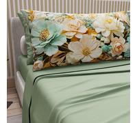 PETTI Artigiani Italiani - Cotton Sheets with Pillowcases in Digital Print, French Queen, Complete Top and Bottom Sheet with Corners, Floral 05 9 Sage, 100% Made in Italy