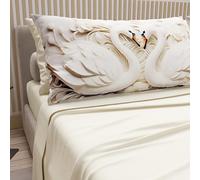 PETTI Artigiani Italiani - Cotton Sheets with Pillowcases in Digital Print, French Queen, Top and Bottom Sheet Set with Corners, Cream Swans, 100% Made in Italy