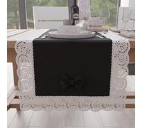 PETTI Artigiani Italiani Elegant Cotton Table Runner for Kitchen Living Room Dining Room Solid Colour Tablecloth with Lace Frill and Bows 40 x 140 cm Black