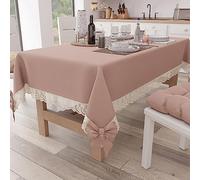 PETTI Artigiani Italiani Elegant Rectangular Cotton Tablecloth for Kitchen Table Living Room with Lace Frill and Bows Solid Color X6 Seater (140x180cm) Powder
