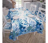 PETTI Artigiani Italiani - Rectangular Anti-Stain Tablecloth Kitchen Table Cover Coral Design Blue X6 Seater (140 x 180 cm) 100% Made in Italy