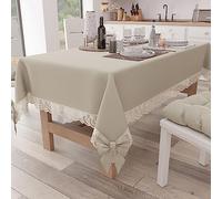 PETTI Artigiani Italiani - Rectangular Tablecloth, 140 x 240 cm, Beige, Cotton, Plain, Lace and Bows Decorated, 12 Seater