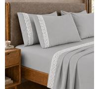 PETTI Artigiani Italiani - Set of 100% Cotton Percale Sheets with Grey St. Gallen Lace, 3-Piece Bedding Set, 100% Made in Italy