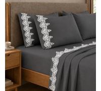 PETTI Artigiani Italiani - Set of Double Bed Sheets Percale Cotton with Lace Macrame Smokey Grey, 4-Piece Bedding Set, 100% Made in Italy