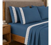 PETTI Artigiani Italiani - Set of Double Bed Sheets Percale Cotton with Lace St. Gallen Navy Blue, 4-Piece Bedding Set, 100% Made in Italy