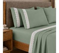 PETTI Artigiani Italiani - Single Bed Sheet Set Percale Cotton with Lace St. Gallen Sage, 3-Piece Bedding Set, 100% Made in Italy