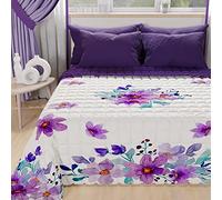 PETTI Artigiani Italiani - Summer Double Bedspread 260 x 270 cm 100 g/m² Double Face, Spring Quilt, Lightweight Quilt, Purple Floral, 100% Made in Italy
