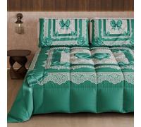 PETTI Artigiani Italiani - Winter Quilt for a Double Bed and a Half Quarter, Solid Colour and Digital Print Teal Bow, Made in Italy