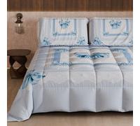 PETTI Artigiani Italiani - Winter Quilt for a Double Bed and a Half Quarter, Solid Colour and Digital Print Light Blue Bow, Made in Italy