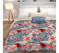 PETTI Artigiani Italiani -Winter Quilt, Winter Duvet, Square and Half Double Face Quilt Solid Color and Digital Floral Print Light Blue, 100% Hypoallergenic Microfiber, Made in Italy