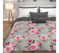 PETTI Artigiani Italiani -Winter Quilt, Winter Duvet, Square and Half Double Face Quilt Solid Color and Digital Floral Print Grey, 100% Hypoallergenic Microfiber, Made in Italy