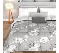 PETTI Artigiani Italiani -Winter Quilt, Winter Duvet, Square and Half Double Face Quilt Solid Color and Digital Floral Print Grey, 100% Hypoallergenic Microfiber, Made in Italy