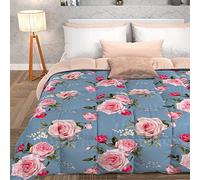 PETTI Artigiani Italiani -Winter Quilt, Winter Duvet, Square and Half Double Face Quilt Solid Color and Digital Floral Print Light Blue, 100% Hypoallergenic Microfiber, Made in Italy