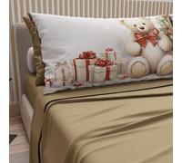 PETTI Italian Artisans - Cotton Sheets with Christmas Digital Print Pillowcases, Christmas Double Bed Sheets, Christmas Double Bed Set, Teddy Bear 01 Dove Grey, 100% Made in Italy