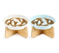 PETTOM 2-Pack Ceramic Slow Feeder Cat Bowls with Bamboo Stands: Spill-Proof Raised Rim Bowls (White + Green)