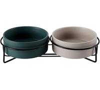 PETTOM Ceramic Cat Bowls Set of 2, Double Cat Bowl with Raised Metal Stand, Cat Food and Water bowl Non Spill Anti Vomiting, Ceramic Pet Bowl for Cats Little Dogs- 400mlx2
