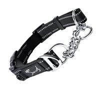 PETTOM Half Choke Dog Collar Adjustable Reflective Black Nylon Dog Choker Chain Collar, Chew Proof Metal Chain Half Check Collar for Medium Large Dogs (M: 43-52CM, Black)