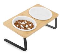 PETTOM Slow Feeder Cat Bowl Ceramic Set with Bamboo Stand, Raised Cat Bowls 15°Tilted, Elevated Cat Bowls Anti Vomiting Cats Double Dishes Feeding Station