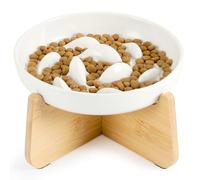 PETTOM Slow Feeder Cat Bowl Ceramic with Bamboo Stand, Raised Rim Spill Proof Slow Eating Cats Bowls for Wet Food/Dry Food(White)