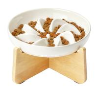 PETTOM Slow Feeder Cat Bowl Ceramic with Bamboo Stand, Raised Rim Spill Proof Slow Eating Cats Bowls for Wet Food/Dry Food(White)