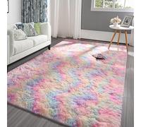 Pettop Plush Carpets Tie-Dye Rugs, 4x6 Feet Fluffy Rug for Living Room Bedroom Girls Boys Kids Room, Fluzzy Plush Rug for Nursery Playroom Dorm Teen Room Decor, Non-Slip Rectangular, Rainbow