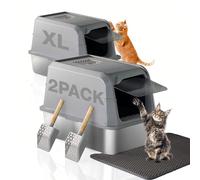 PETUX 2-Pack Stainless Steel Litter Box with Lid - High Sided, Odor-Proof, Anti-Leakage, Non-Stick, Easy to Clean and Extra Large Enclosed Litter Box with Scoop and Non-Slip Mat for Multi-Cats - Grey