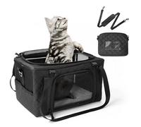 PETUX Collapsible Pet Carrier Airline Approved, 16"x10"x9.5" Soft Cat Carrier for Small Cats Up to 12 Lbs - Top Open Portable Cat Travel Carriers with Anti-Scratch Mesh, Storage Pocket & Leash (Black)