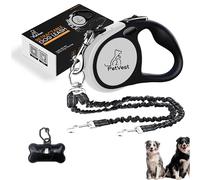 Petvest 16 FT Dual Retractable Dog Leash for 2 Large Dogs Up to 77 lbs Each - Double Headed 16 FT Extendable Pet Leash with Poop Bags, Non Slip Grip - One Button Break & Lock, 360 Tangle-Free (Black)