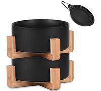 Petygooing Black Ceramic Dog Cat Bowl Dish with Stand for Food and Water Feeder, Modern Cute Heavy Weighted Pet Bowls Set for Cats & Small Size Dogs 13.5 OZ (5.1In / 1.7 Cups) Free One Foldable Bowl