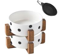 Petygooing Ceramic Dog Bowl Set with Stand - Cat & Dog Food and Water Bowl, Medium Size - Anti-Slip, 28 OZ / 3.6 Cups, Black Dot